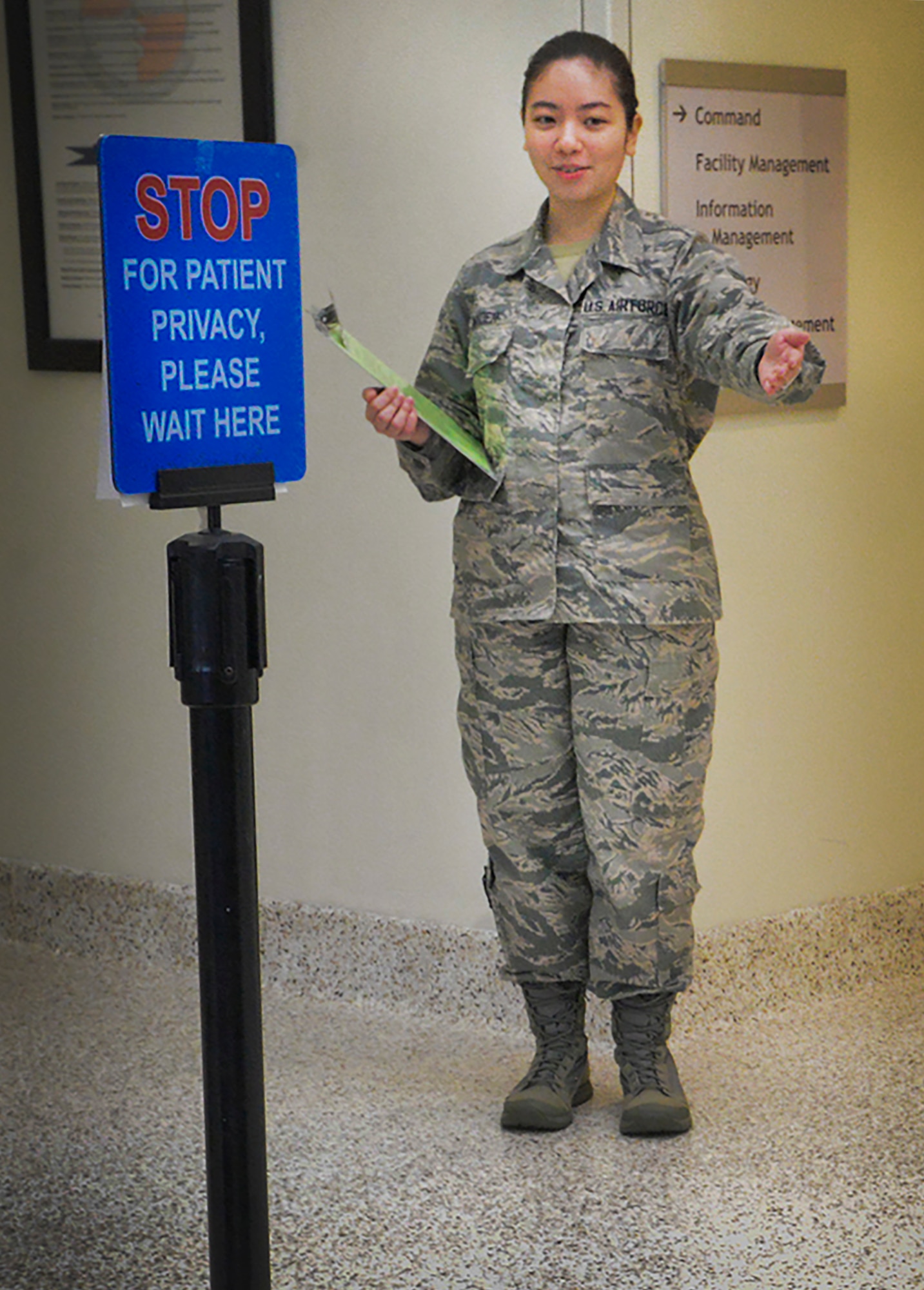 Airman 1st Class Stephanie Snyder, 66th Medical Squadron medical technician, calls a patient for a scheduled appointment at Hanscom Air Force Base, Mass., Feb. 13. Patients can schedule, reschedule and cancel appointments at the clinic by calling 781-225-6789, and should notify the clinic as soon as possible to coordinate cancellations. (U.S. Air Force photo by Lauren Russell)