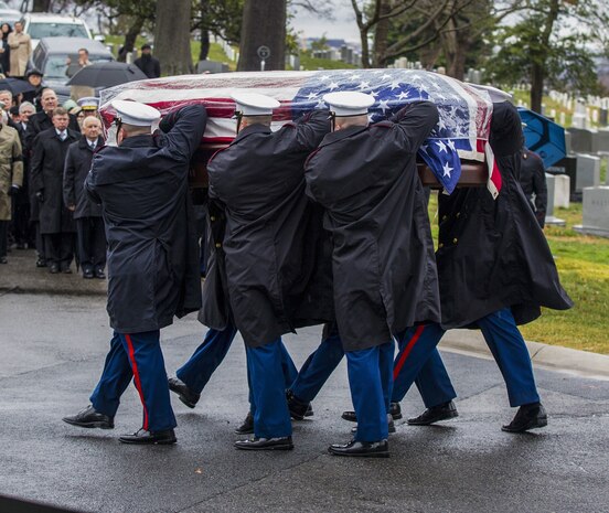 U.S. Marines with Marine Barracks Washington carry the casket of retired 28th Commandant of the Marine Corps (CMC) Gen. Paul X. Kelley, during Gen. Kelley’s funeral service at Fort Myer Memorial Chapel, February 13, 2020. General Kelley served as CMC from 1983 to 1987. (U.S. Marine Corps photo by Sgt. Daisha R. Johnson)