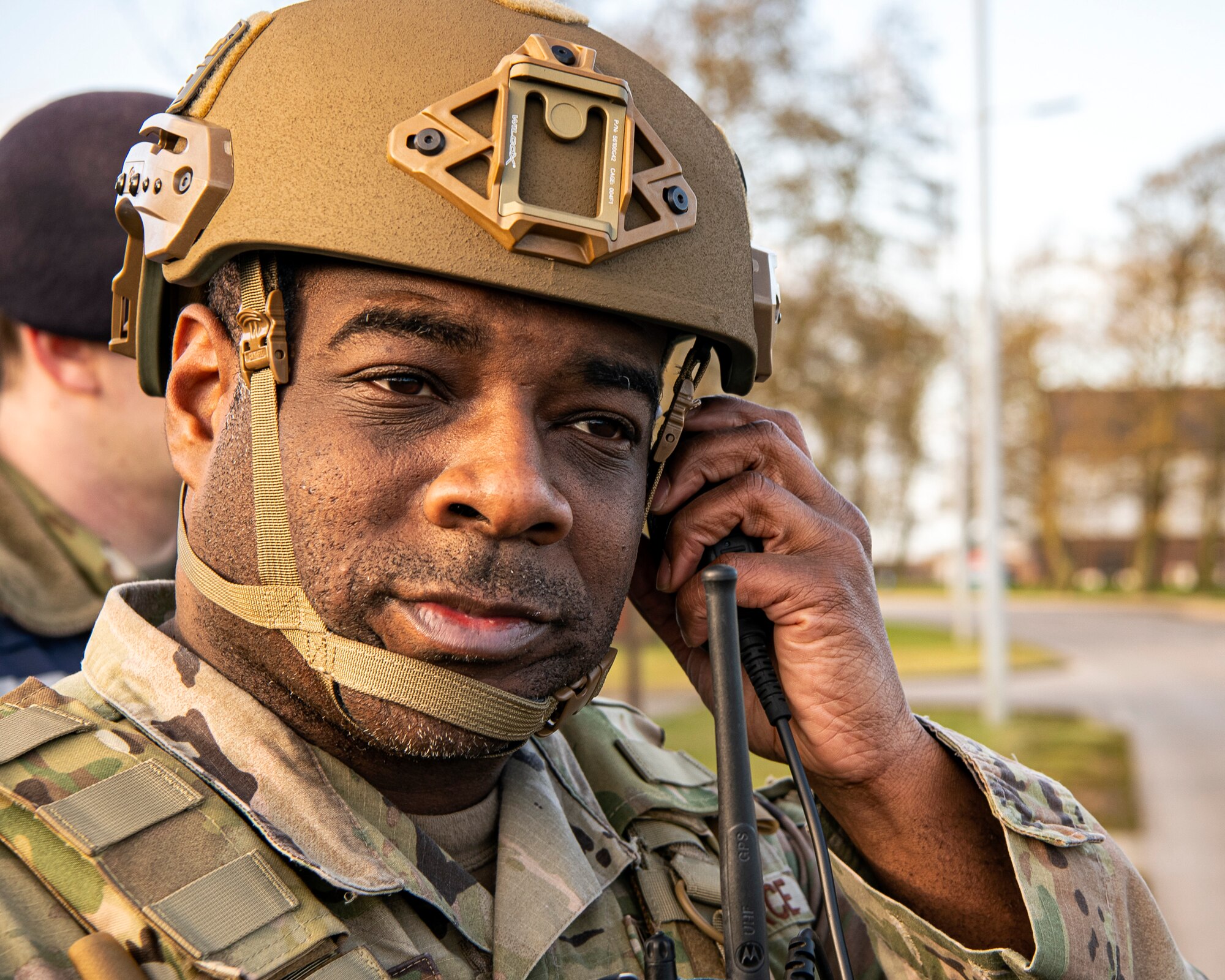Tech Sgt. Lamont Hudson, 423d Security Forces Squadron NCO in charge of operations support, listens to a radio during a readiness exercise, at RAF Molesworth, England, Feb. 11, 2020. The exercise tested the wing’s preparedness and response capabilities to an emergency situation. (U.S. Air Force photo by Senior Airman Eugene Oliver)