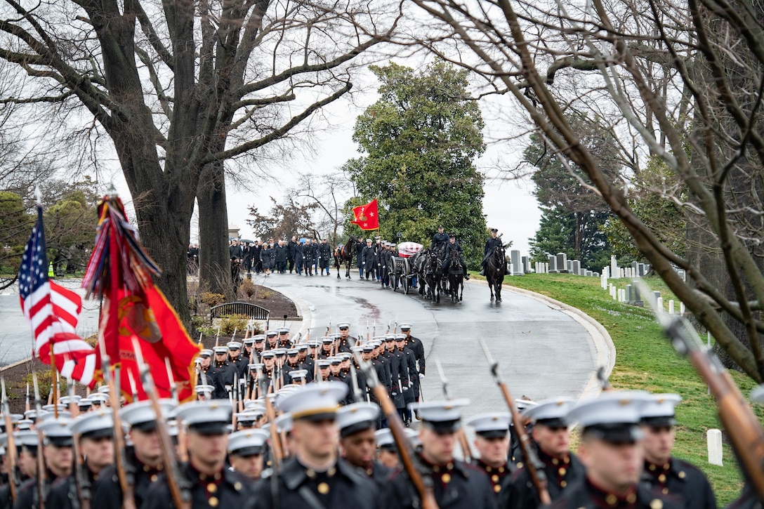 U.S. Marines conduct military funeral honors with funeral escort for retired 28th Commandant of the Marine Corps Gen. Paul X. Kelley in Section 34 of Arlington National Cemetery, Arlington, Virginia, Feb. 13.