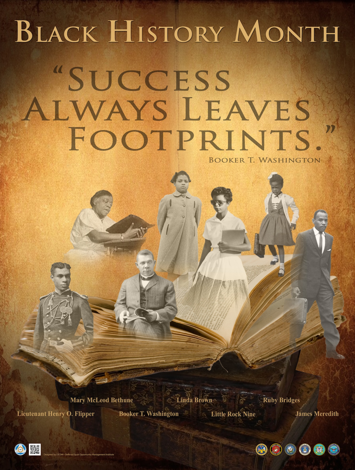 Black History Month poster with images of famous African Americans and the quote "Success always leaves footprints" by Booker T. Washington.