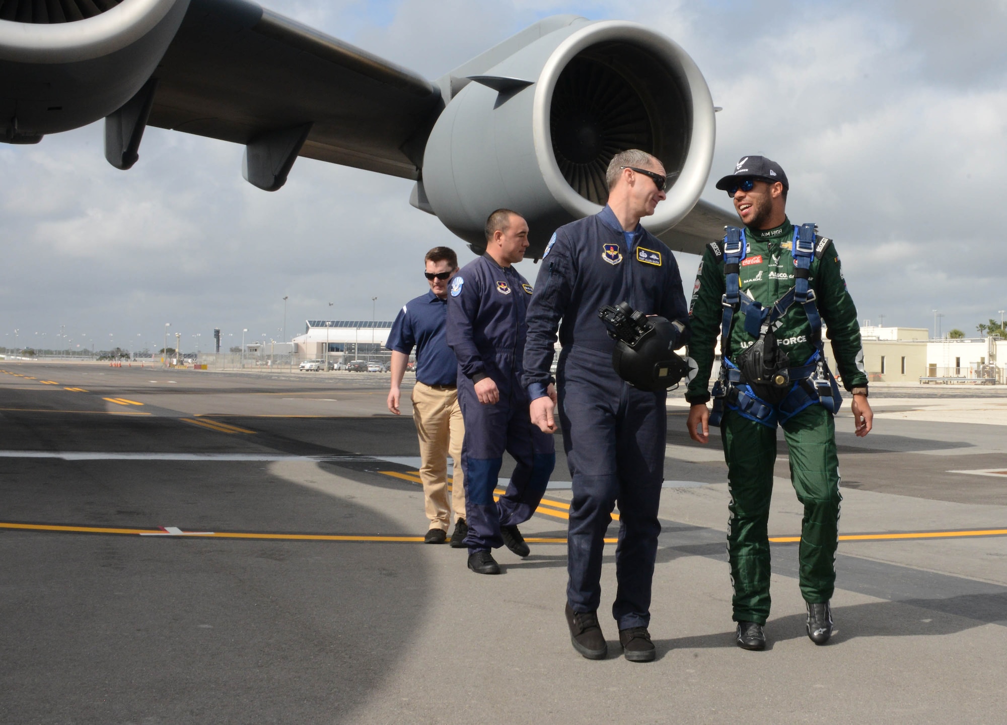 Bubba Wallace, driver of Richard Petty Motorsport’s No. 43 car, does a walk around an Air Force C-17 prior to making a grand entrance to this year’s Daytona 500 race.