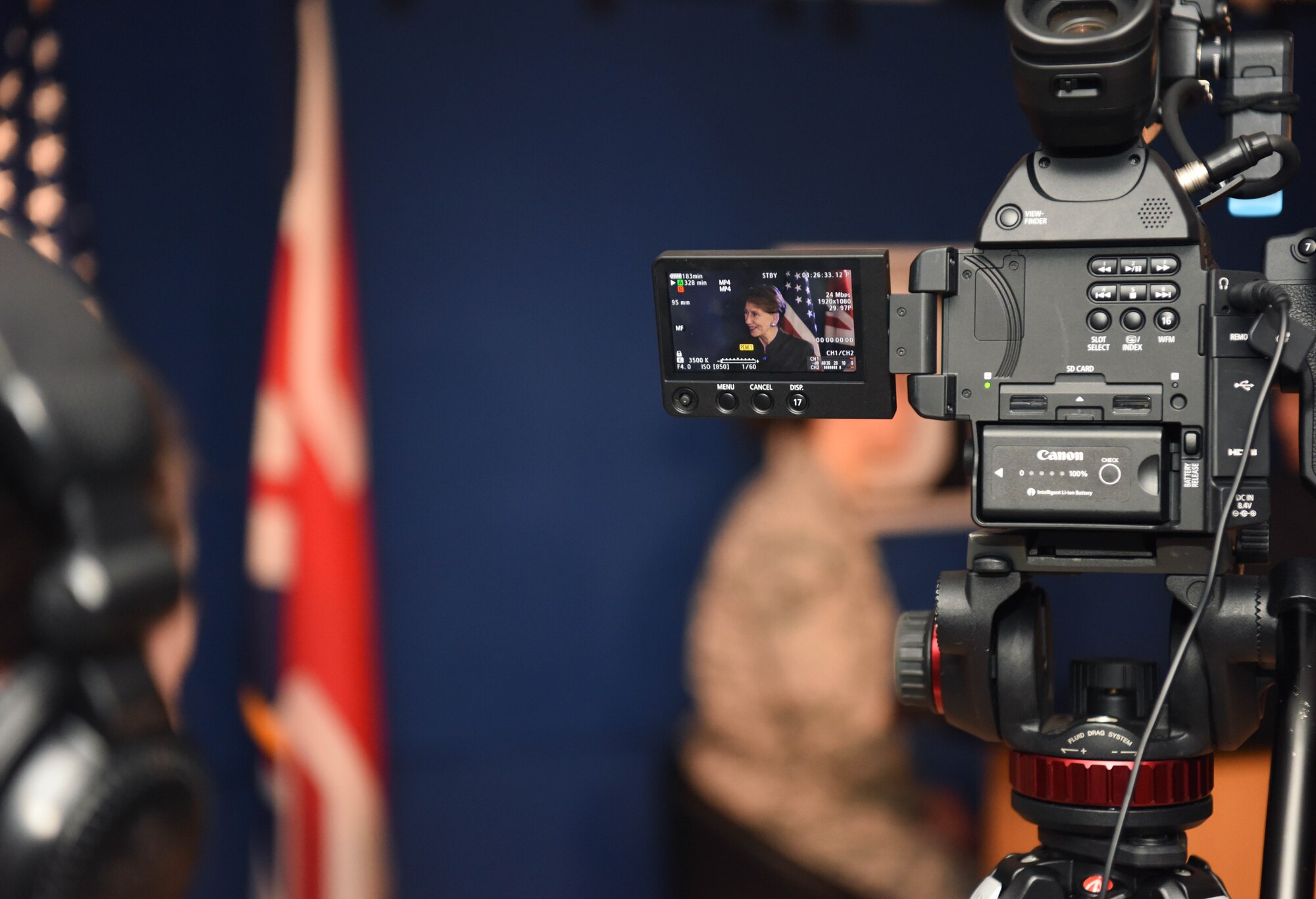 Secretary of the Air Force Barbara Barrett prepares for an interview with Airman 1st Class Antonia Herrera, 100th Air Refueling Wing broadcast journalist, during her visit to RAF Mildenhall, England, Feb. 13, 2020. Barrett's visit to RAF Mildenhall was her first as the 25th Secretary of the Air Force. (U.S. Air Force photo by Senior Airman Brandon Esau)