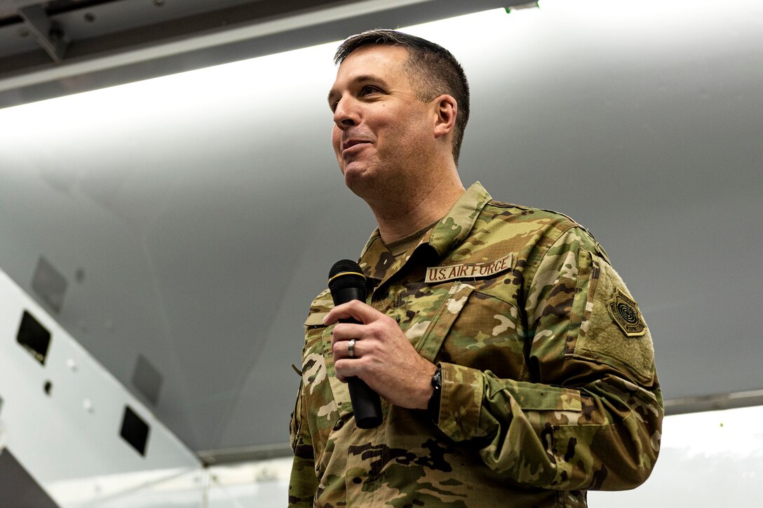 Col. Dan Walls, 23d Wing commander, speaks during the Annual Awards Ceremony Feb. 14, 2020, at Moody Air Force Base, Georgia. The ceremony recognized the top military and civilian personnel in 10 separate categories. (U.S. Air Force photo by Senior Airman Erick Requadt)