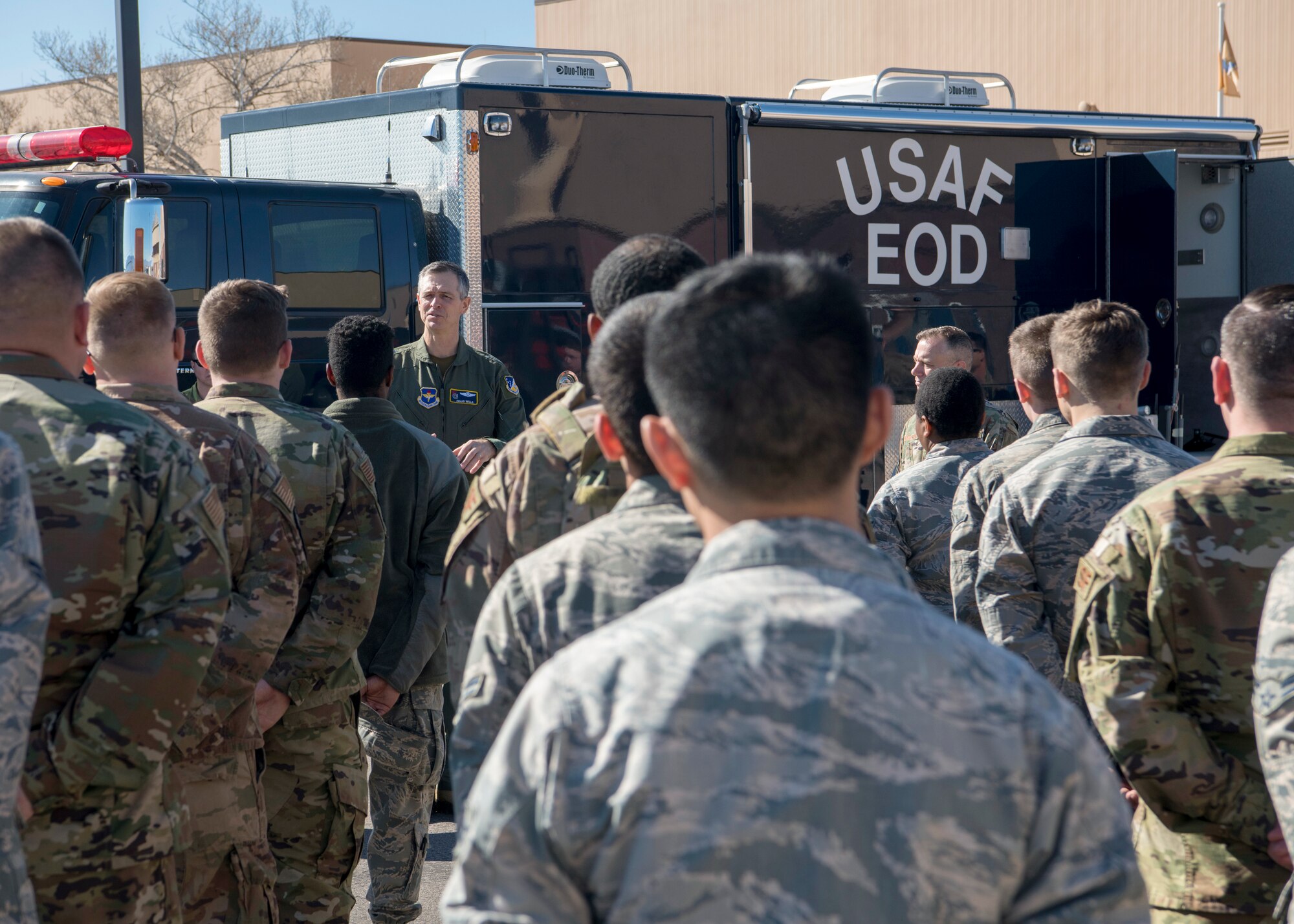 Maj. Gen. Craig Wills, 19th Air Force commander, speaks to 49th Mission Support Squadron Airmen, Feb. 14, 2020, on Holloman Air Force Base, N.M. The 19th AF command team toured 49th Wing facilities, focusing on recognizing Airmen who have made a substantial impact on the Holloman mission. (U.S. Air Force photo by Airman 1st Class Quion Lowe)