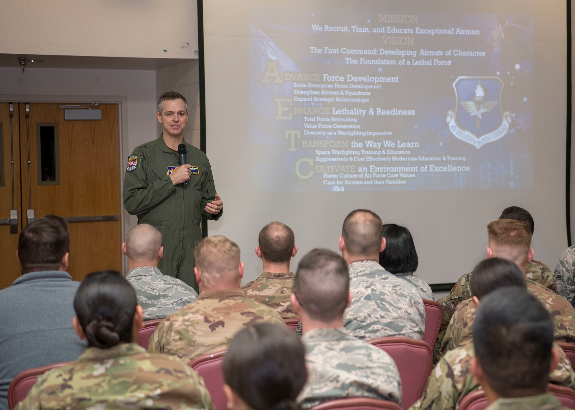 Maj. Gen. Craig Wills, 19th Air Force commander, speaks during an all-call, Feb. 14, 2020, on Holloman Air Force Base, N.M. The 19th AF command team toured 49th Wing facilities, focusing on recognizing Airmen who have made a substantial impact on the Holloman mission. (U.S. Air Force photo by Airman 1st Class Quion Lowe)