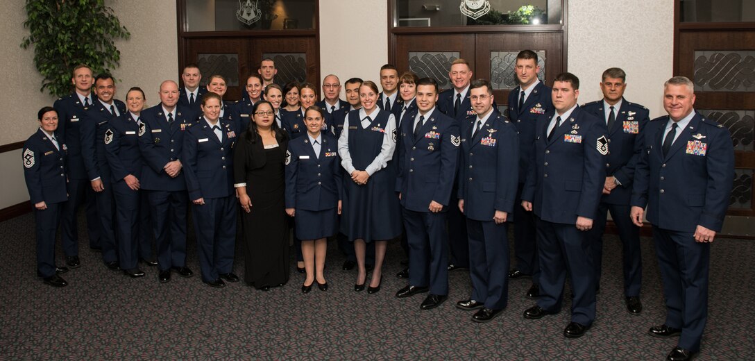 Annual Award nominees from the 932nd Airlift Wing and 954th Reserve Support Squadron pose with leadership Feb. 8, 2020 just before the 3rd Annual Awards Banquet, Scott Event Center, Scott Air Force Base, Illinois.  (U.S. Air Force photo by Christopher Parr)