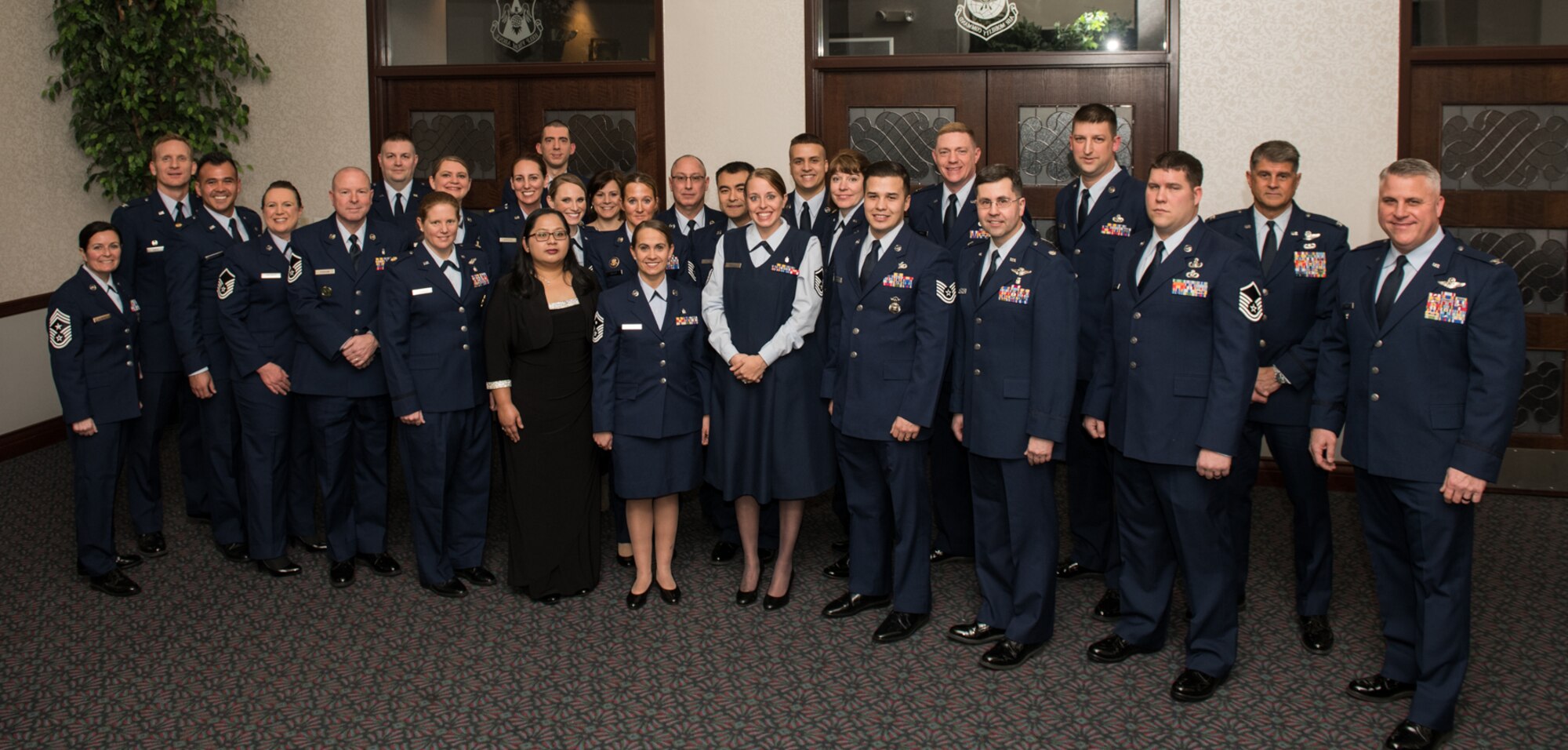 Annual Award nominees from the 932nd Airlift Wing and 954th Reserve Support Squadron pose with leadership Feb. 8, 2020 just before the 3rd Annual Awards Banquet, Scott Event Center, Scott Air Force Base, Illinois.  (U.S. Air Force photo by Christopher Parr)