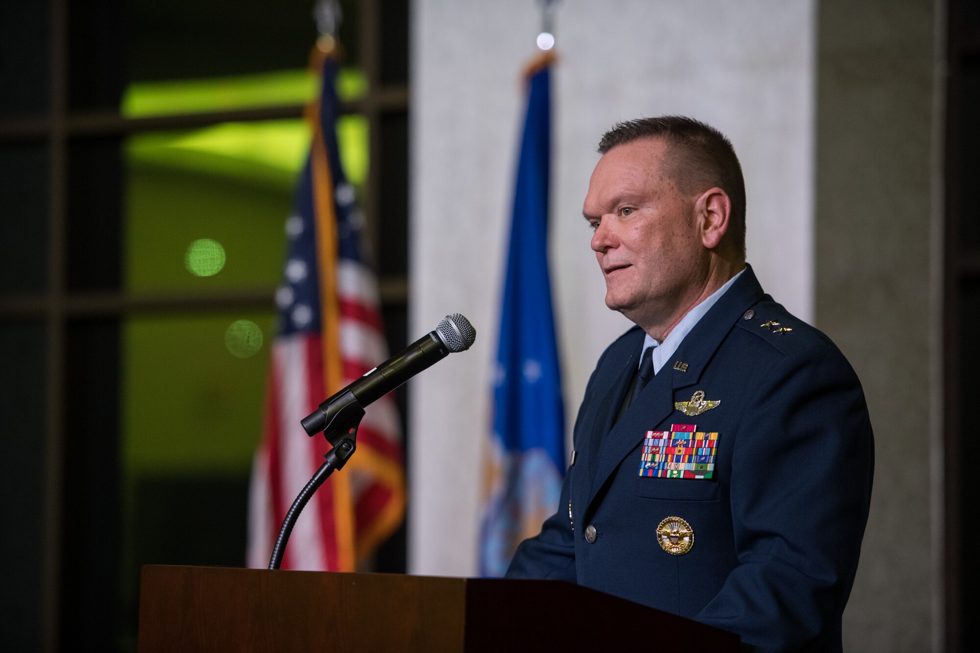 Maj. Gen. Samuel "Bo" Mahaney, Chief of Staff, Air Mobility Command, Scott Air Force Base, Illinois, shares his thoughts on resiliency as the honored guest speaker during the 932nd Airlift Wing and 954th Reserve Support Squadron Annual Awards Banquet, Feb. 8, 2020, Scott Event Center, Scott Air Force Base, Illinois. (U.S. Air Force photo by Christopher Parr)