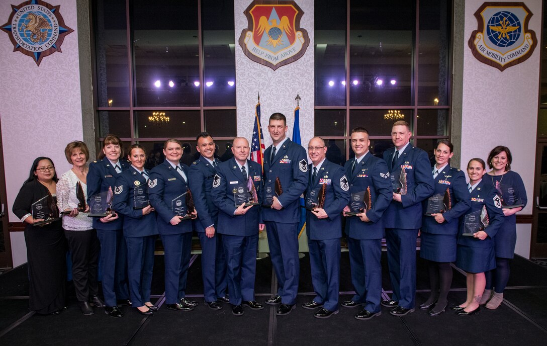 Annual Awards winners  from the 932nd Airlift Wing and 954th Reserve Support Squadron here at Scott Air Force Base, Illinois, pose for a photo following the 3rd Annual Awards Banquet, Feb. 8, 2020. (U.S. Air Force photo by Christopher Parr)