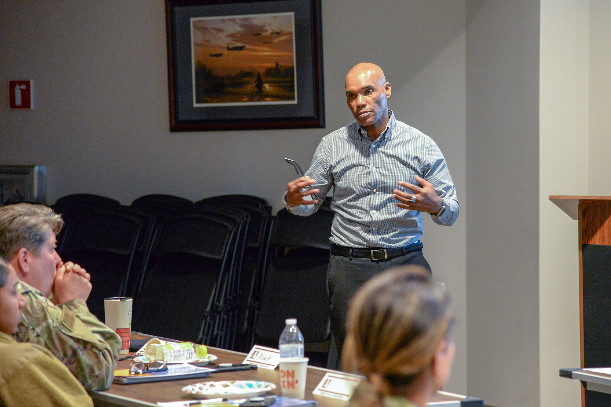 Erick Clark, mental health first aid instructor and certified peer recovery practitioner with the Mental Health Association of Union County, N.J., teaches a mental health first aid training course for members of the 177th Fighter Wing Feb. 12, 2020, at the Atlantic City Air National Guard Base. The two-day class addressed some of the unique aspects of military culture and gave unit members the tools to help fellow Airmen facing mental health issues.