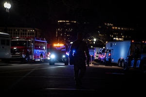 A soldier assigned to the West Virginia National Guard’s 35th CBRN Enhanced Response Force Packages (CERF-P) takes a walk to stretch his legs while participating in the 2020 State of the Union Address on Feb. 4, 2020 in Washington, D.C. The 35th CERF-P was strategically prepositioned to provide support to and in conjunction with the D.C. Fire and Emergency Management Services, the USCP, the D.C. National Guard and many other civil and federal agencies for the SOTUA. (U.S. Air National Guard Photo by Staff Sgt. Caleb Vance)