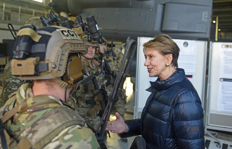 Secretary of the Air Force Barbara Barrett speaks with 352 Special Operations Wing air commandos during her visit to RAF Mildenhall, England, Feb. 13, 2020. During Barrett's visit she stopped at various units including the air traffic control tower, fire station and different units within the 352 SOW. (U.S. Air Force photo by Staff Sgt. Luke Milano)