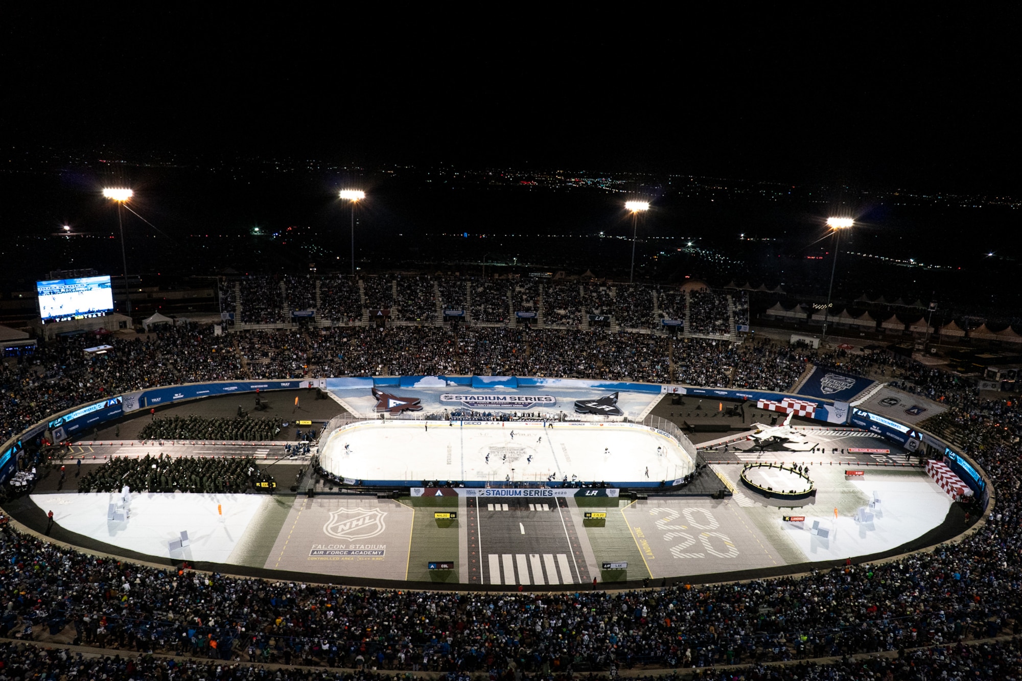 A near-capacity crowd takes their seats prior to the ceremonial puck drop during the NHL Stadium Series game Feb. 15, 2020, at the Air Force Academy, Colo. (Air Force photo)