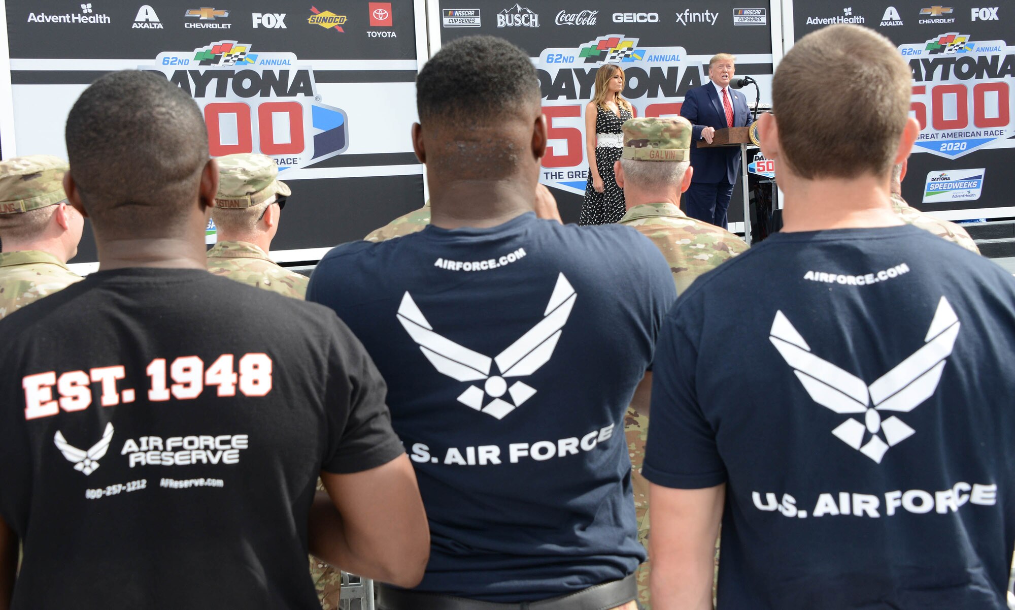 President Donald J. Trump talks to a small group prior to the start of the Daytona 500. During his speech he congratulates the Air Force's newest members