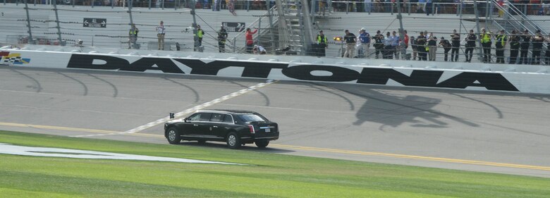 President Donald J. Trump makes a lap around the track at the Daytona 500. Earlier in the day, the president congratulated 30 of the Air Force's newest members in a small gathering.