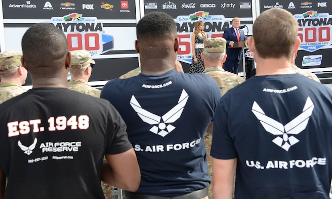 President Donald J. Trump talks to a small group prior to the start of the Daytona 500. During his speech he congratulates the Air Force's newest members