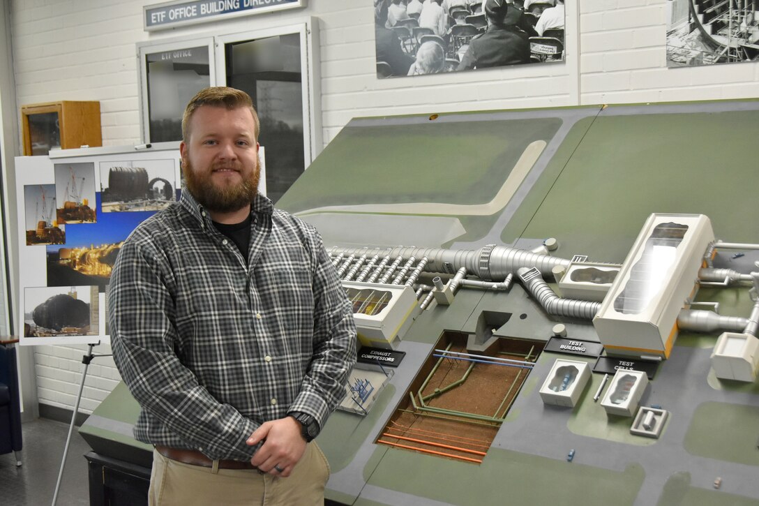 Mills Bishop is a test operations engineer in the Aeropropulsion Branch. (This image was altered by obscuring items for security purposes.)