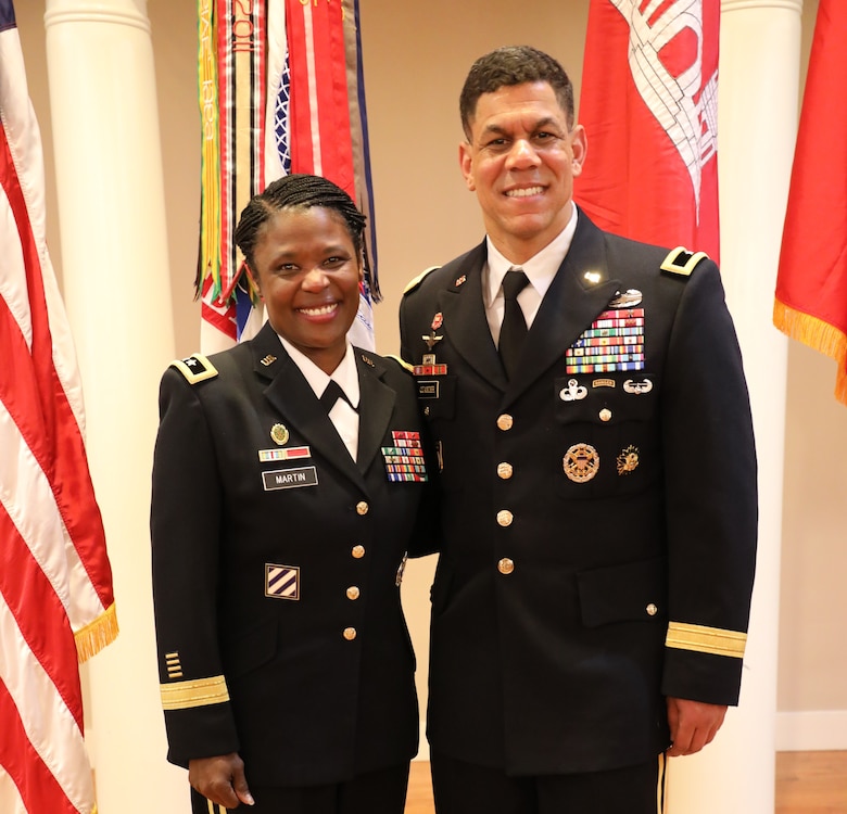 Maj. Gen. Donna Martin, commanding general of the Maneuver Support Center of Excellence and Fort Leonard Wood congratulates newly promoted Brig. Gen. Mark Quander. Quander is the commandant of the U.S. Army Engineer School at Fort. Leonard Wood. He was promoted to the rank of brigadier general at Fort Myer, Virginia on Feb. 14, 2020.