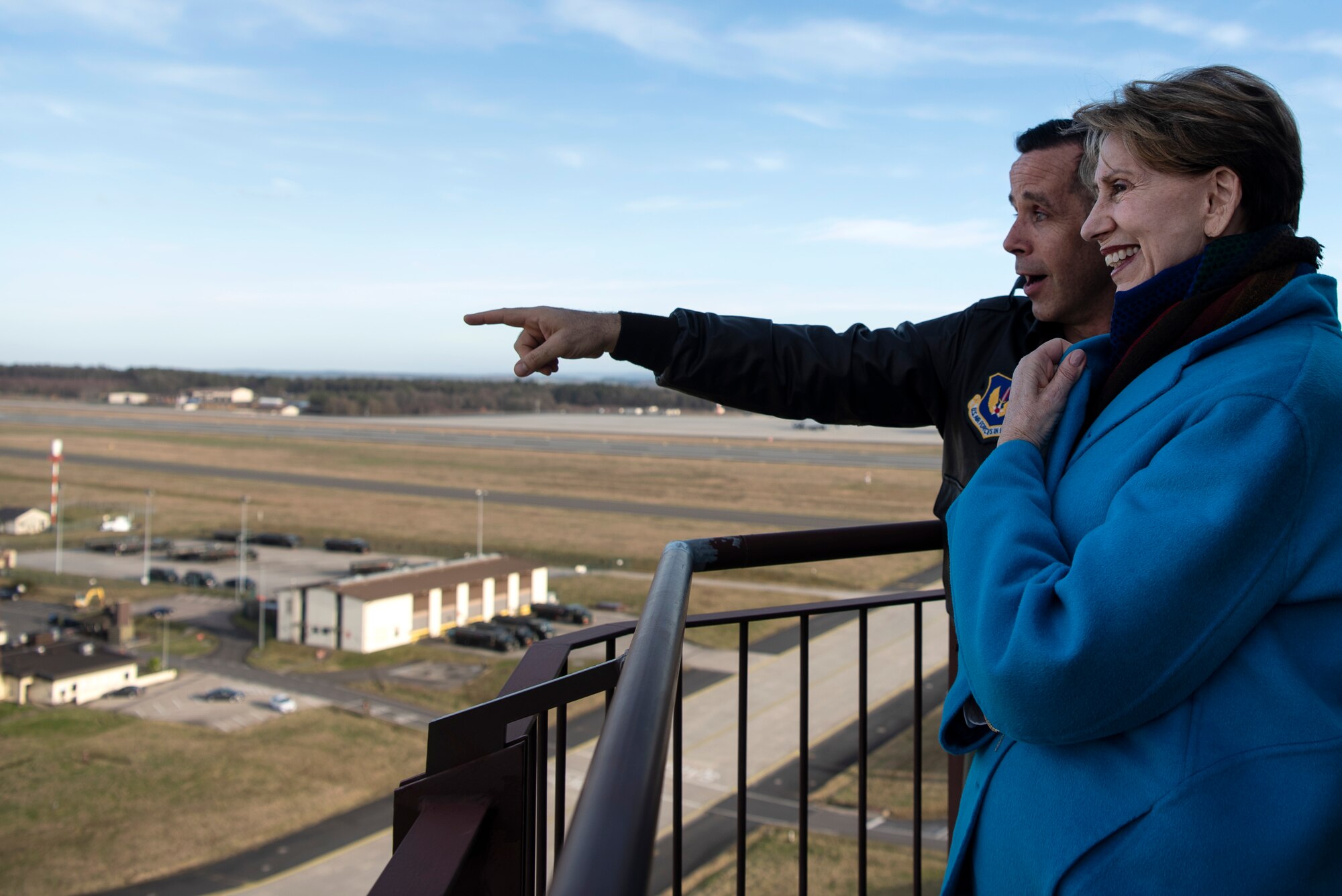 Secretary of the Air Force Barbara M. Barrett speaks with U.S. Air Force Col. Jason Hokaj, 52nd Fighter Wing Vice Commander, in the air traffic control tower at Spangdahlem Air Base, Germany, Feb. 15, 2020. Barrett toured Spangdahlem AB to learn about base capabilities and upcoming renovations. Barrett leads the affairs of the Department of the Air Force, which is comprised of the U.S. Air Force and U.S. Space Force. (U.S. Air Force photo by Airman 1st Class Valerie Seelye)