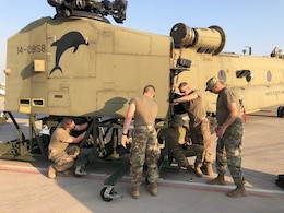 Soldiers of the 1107th Theater Aviation Sustainment Maintenance Group work on a CH-47 (Chinook) helicopter at Camp Buehring, Kuwait, Jan. 21, 2020. (Courtesy photo)