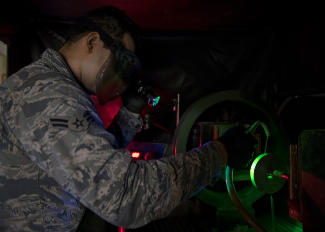 Airman 1st Class Humberto Perez, 4th Equipment Maintenance Squadron non-destructive inspector, uses a stationary mag unit process control with an AS5282 ring to establish a baseline to evaluate system effectiveness, Feb. 4, 2020, at Seymour Johnson Air Force Base, N.C.