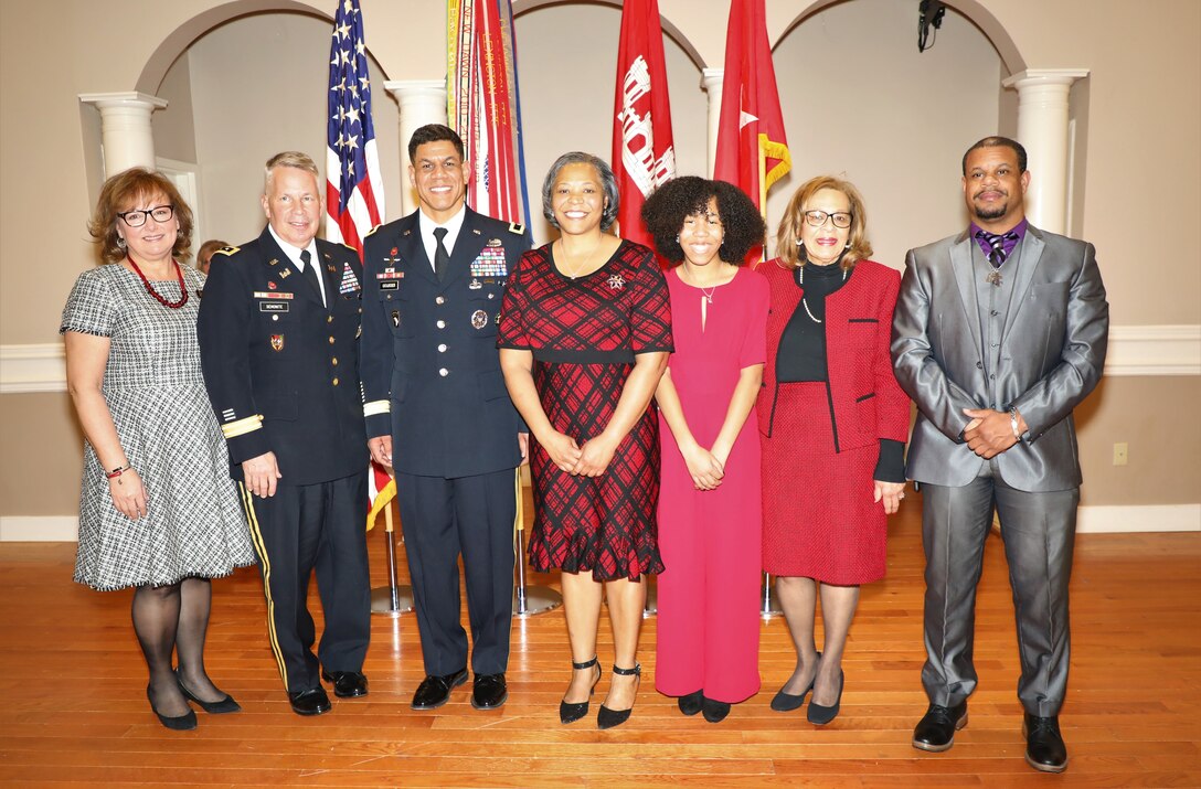 USACE Commanding General and 54th U.S. Army Chief of Engineers Lt. Gen. Todd T. Semonite (2nd from left) and his wife Connie (left) with the family of Brig. Gen. Mark C. Quander Feb. 14, 2020, at Joint Base Myer-Henderson Hall, Virginia, following Quander's promotion. Also pictured are Quander's wife, Melonie, daughter, Grace, mother Gail and his brother-in-law Brian.