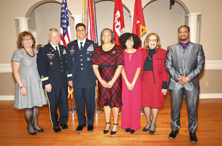 USACE Commanding General and 54th U.S. Army Chief of Engineers Lt. Gen. Todd T. Semonite (2nd from left) and his wife Connie (left) with the family of Brig. Gen. Mark C. Quander Feb. 14, 2020, at Joint Base Myer-Henderson Hall, Virginia, following Quander's promotion. Also pictured are Quander's wife, Melonie, daughter, Grace, mother Gail and his brother-in-law Brian.