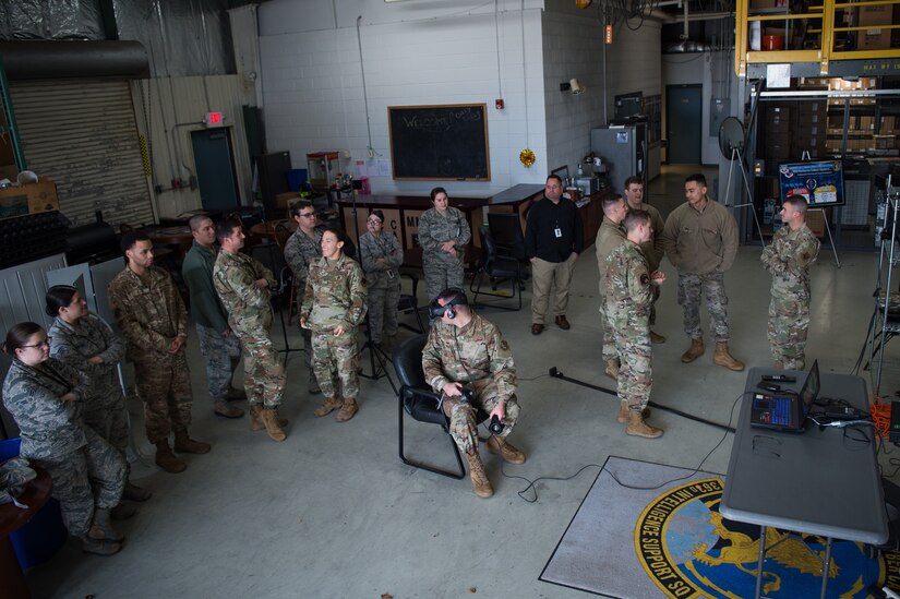 U.S. Air Force Airmen from the 547th Intelligence Squadron, Nellis Air Force Base, Nevada, showcase a virtual reality system at Joint Base Langley-Eustis, Virginia, Feb. 12, 2020.