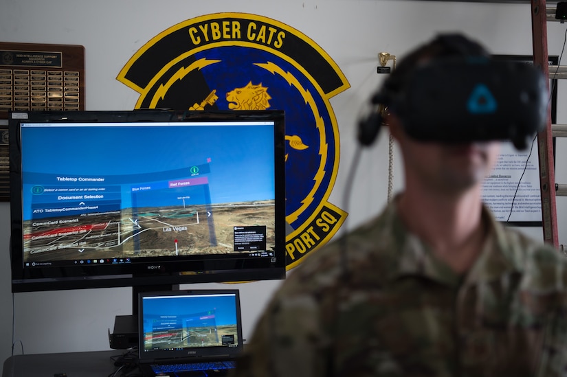A U.S. Air Force Airman uses a virtual reality system brought to Joint Base Langley-Eustis, Virginia, by Airmen from the 547th Intelligence Squadron, Nellis Air Force Base, Nevada, Feb. 12, 2020.