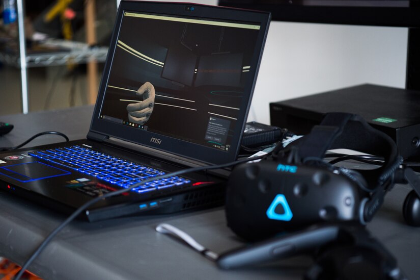 U.S. Air Force Airmen from the 547th Intelligence Squadron, Nellis Air Force Base, Nevada, showcase a virtual reality system at Joint Base Langley-Eustis, Virginia, Feb. 12, 2020.