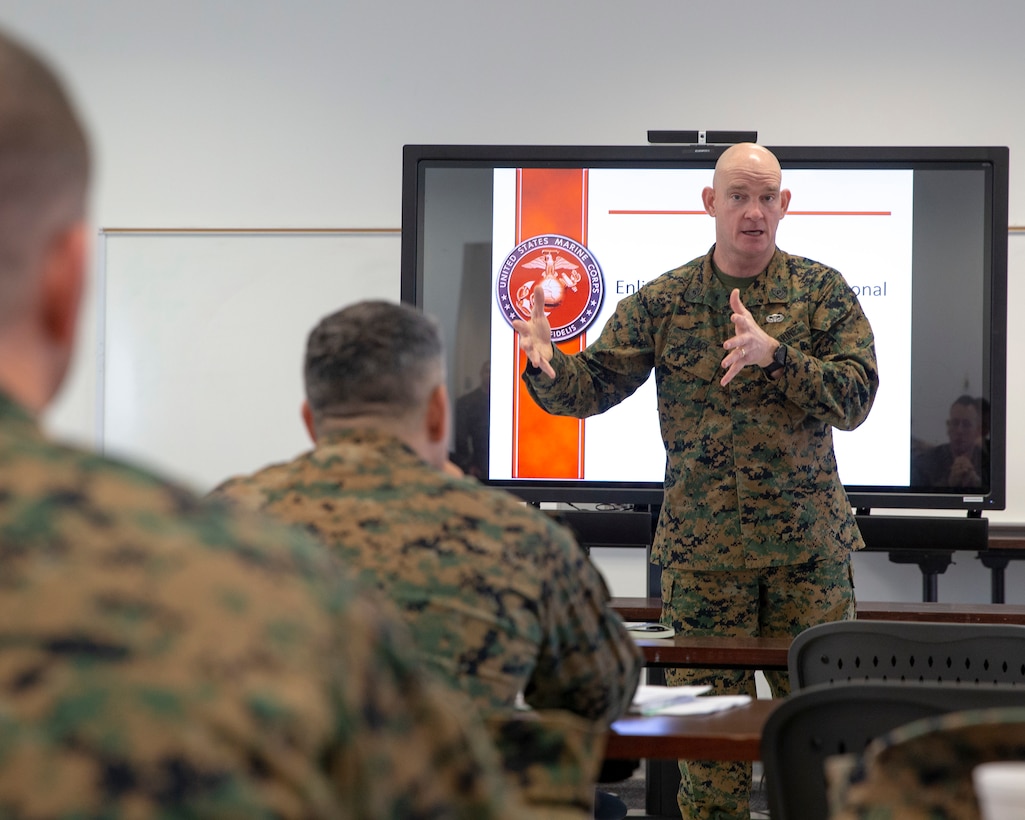 U.S. Marine Corps Sgt. Maj. Troy E. Black, Sergeant Major of the Marine Corps, addresses a summit on enlisted professional and personal development efforts at Marine Corps Base Quantico, V.A., Feb. 3.