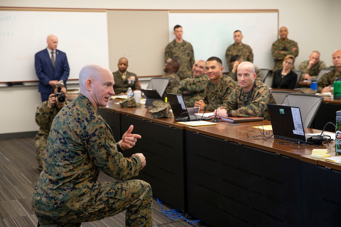 U.S. Marine Corps Sgt. Maj. Troy E. Black, Sergeant Major of the Marine Corps, addresses a summit on Marine Corps recruiting, retention and talent management efforts at Marine Corps Base Quantico, V.A., Feb. 3.