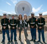 MCLB Barstow's walking color guard pose with Miss Barstow, Alex Duarte, and Miss Teen Barstow, Joslin Crank, during a groundbreaking ceremony held at the Goldstone Deep Space Communications Complex, Ft. Irwin, Feb. 11.