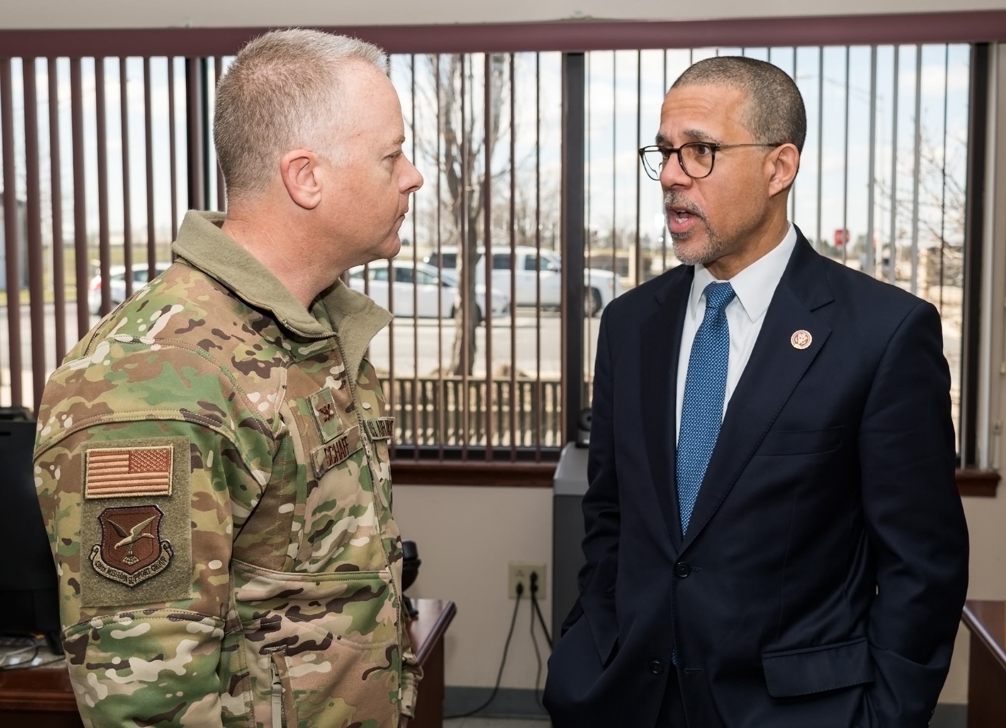 Col. Tyler Schaff, 436th Mission Support Group commander, and Rep. Anthony Brown of Maryland chat at the visitor center, Feb. 14, 2020, on Dover Air Force Base, Delaware. Brown serves as the vice chair of the House Armed Services Committee and represents Maryland’s 4th Congressional District, encompassing parts of Anne Arundel and Prince George’s counties. (U.S. Air Force photo by Roland Balik)