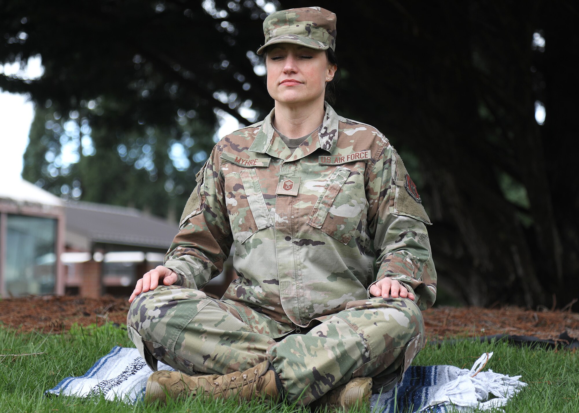 U.S. Air Force Master Sgt. Kathleen A. Myhre, 446th Airman and Family Readiness Center noncommissioned officer in charge, meditates outside the 446th Airlift Wing Headquarters building on Joint Base Lewis-McChord, Washington, Feb. 12, 2020.