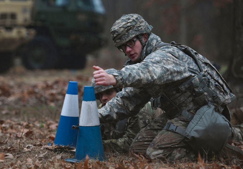 U.S. Army Soldiers assigned to the 53rd Movement Battalion establishes tactical fighting positions during an area defense field training exercise at Joint Base Langley-Eustis, Virginia, Feb. 13, 2020.