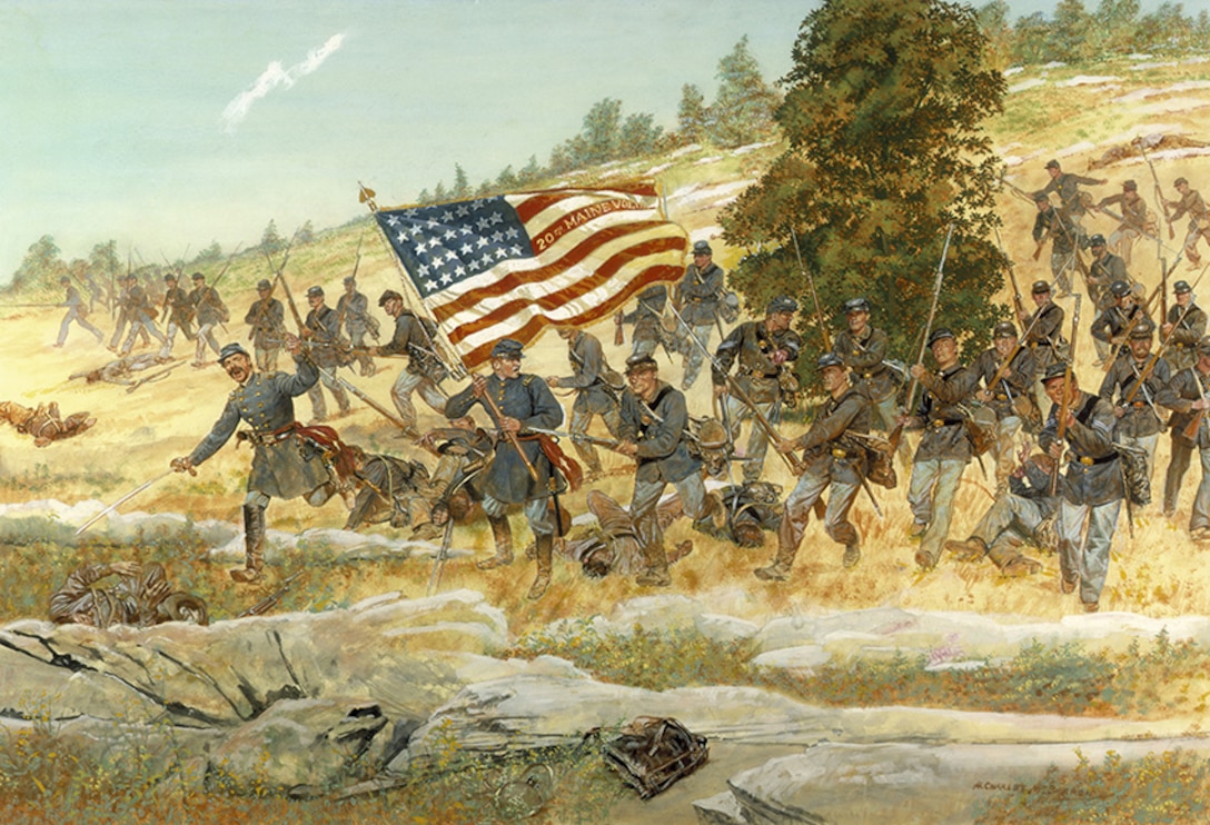 A painting shows  Union soldiers running down a hill carrying the U.S. flag.