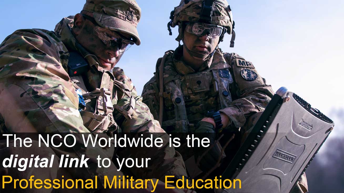 Hero image of Soldiers in the field looking at a rugged laptop with the text The World Campus is your digital link to your Professional Military Education