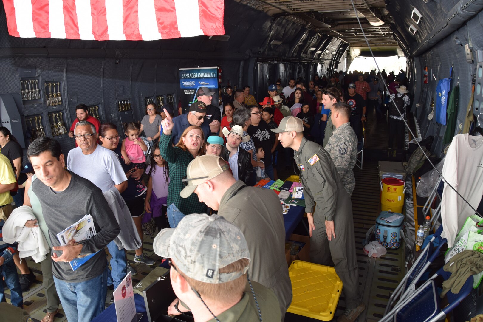 A 433rd Airlift Wing C-5M Super Galaxy was one of the aircraft in attendance Feb. 16, 2020 at the Stars and Stripes Air Show in Laredo, Texas. Hundreds of people got a chance to walk through the C-5M to view the aircraft up close from the inside. (U.S. Air Force photo by Tech. Sgt. Iram Carmona)