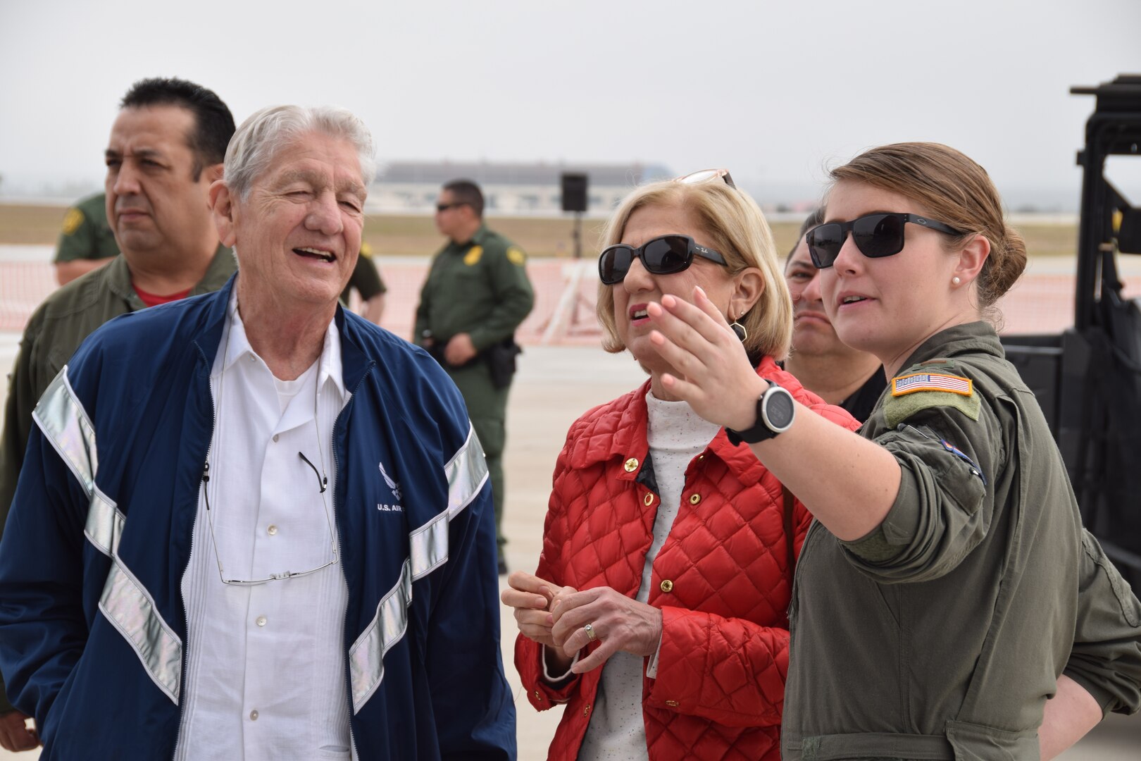 2nd Lt. Rohaise Firth-Butterfield, 68th Airlift Squadron student pilot, explains the capabilities of the C-5M Super Galaxy to attendees Feb. 16, 2020 at the Stars and Stripes Air Show in Laredo, Texas. This was the 3rd time the 68th AS attended the airshow as part of the Washington’s Birthday Celebration. (U.S. Air Force photo by Tech. Sgt. Iram Carmona)