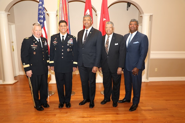 USACE Commanding General and 54th U.S. Army Chief of Engineers Lt. Gen. Todd T. Semonite (left) officiated at the promotion ceremony of Brig. Gen. Mark C. Quander, (2nd from left) Feb. 14, 2020, at Joint Base Myer-Henderson Hall, Virginia. The extended Quander family is the only African American family to produce four general officers in the U.S. military. The other three general officers who encompass this history are:  Gen. (ret.) Vincent K. Brooks (center), Maj. Gen. (ret.) Leo A. Brooks, Sr. (2nd from right), and Brig. Gen. (ret.) Leo A. Brooks, Jr. (right). The Brooks family remains the only African American family to have three general from the same immediate family, and is connected to the Quander family tree in several ways, with the primary link being through Naomi Lewis Brooks, the mother to Leo Jr. and Vincent Brooks.