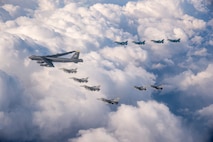A U.S. Air Force B-52H Stratofortress from Minot Air Force Base, North Dakota, and six F-16 Fighting Falcons from Misawa Air Base, Japan, conduct bilateral joint training with four Japan Air Self-Defense Force F-2's off the coast of Northern Japan, Feb. 4, 2020.