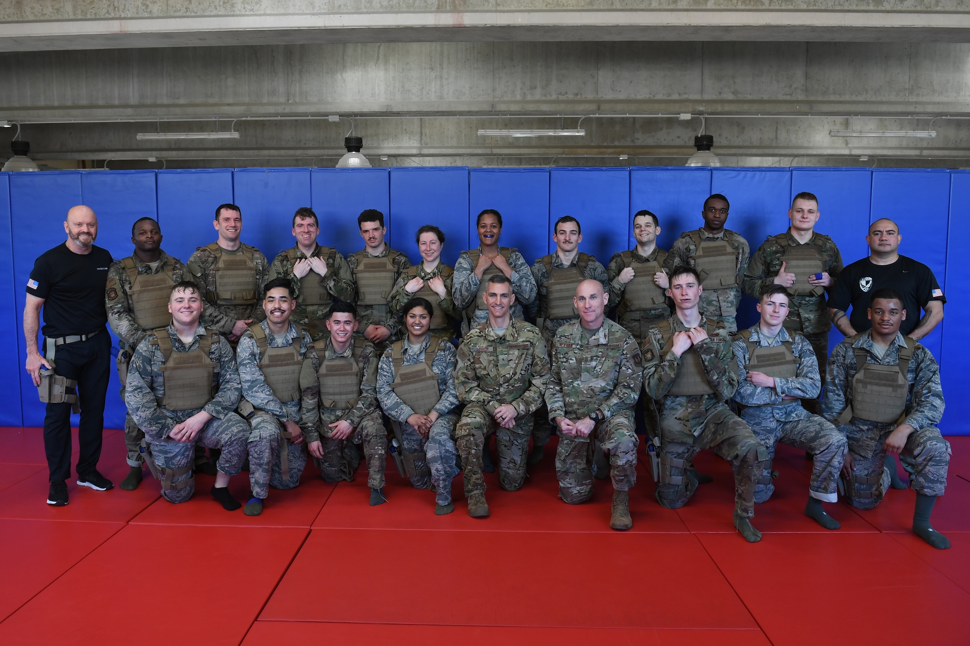 Students and instructors from Aviano’s first Air Force Combatives Program class pose for a group photo at Aviano Air Base, Italy, Feb. 13, 2020. The students graduated from the basic warrior course. (U.S. Air Force photo by Airman Thomas S. Keisler IV)
