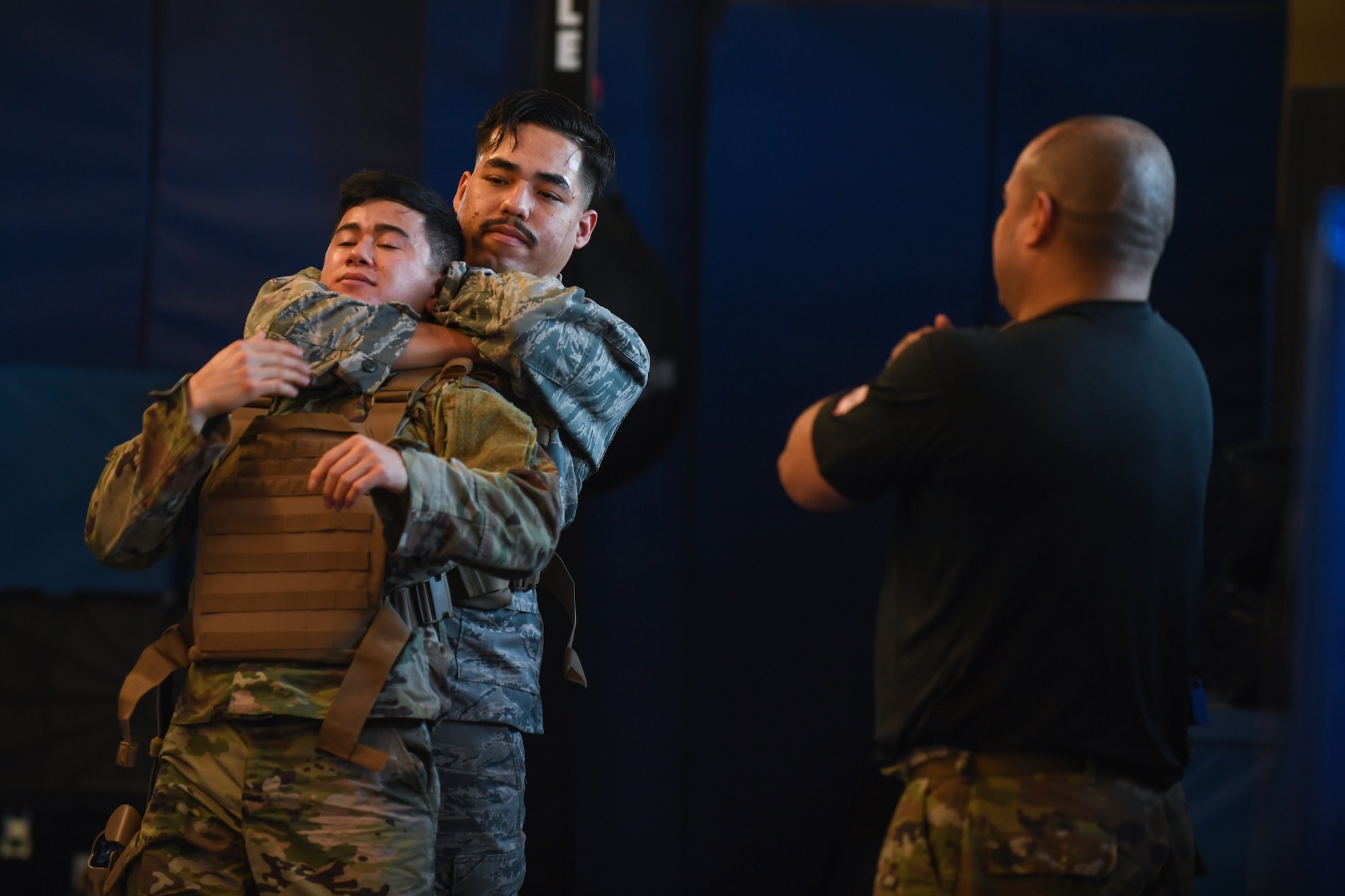 U.S. Airmen from the 31st Fighter Wing participate in the combatives warrior course at Aviano Air Base, Italy, Feb. 10, 2020. The warrior course is a 10 hour class that teaches weapons retention, ground defense, and stand up defense. (U.S. Air Force photo by Airman Thomas S. Keisler IV)
