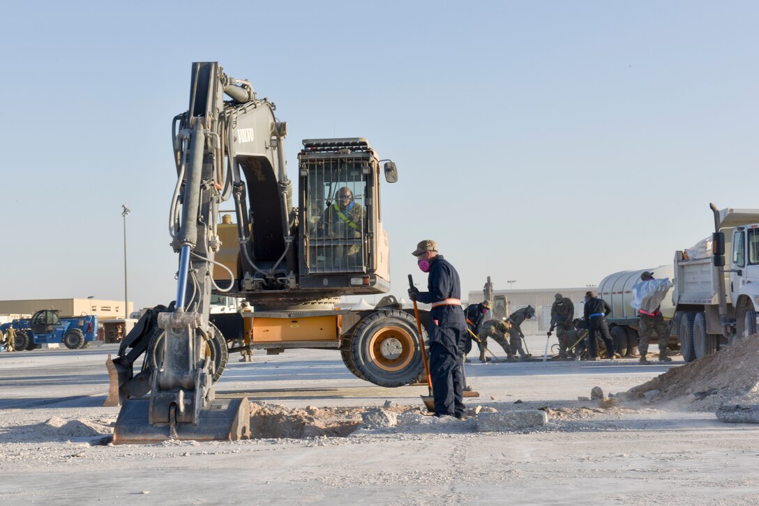 Airmen with the 379th Expeditionary Civil Engineering Squadron participated in Rapid Airfield Damage Recovery training at Al Udeid Air Base, Qatar from Feb. 10-12, 2020. The RADR training, conducted by a mobile team from the 435th Construction and Training Squadron at Ramstein Air Base, Germany, covers the steps necessary to rapidly repair runways and runway support structures to recover and resume operations on an airfield after an attack.