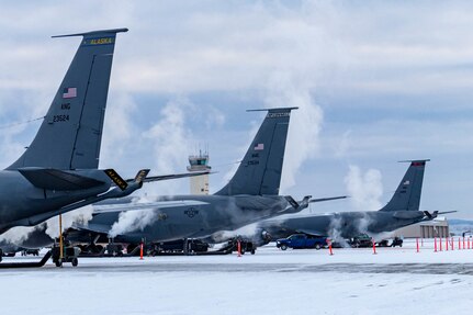 Working in -30 F temperatures, aircrews from the 22nd Wing, McConnell Air Force Base, Kansas, and the 151st Air Refueling Wing, Wright Air National Guard Base, Utah, train in the same arctic conditions in interior Alaska that aircrews from the 168th Wing, Eielson AFB, Alaska, routinely work in, January 29, 2020. The visiting Airmen are learning what it takes to keep the KC-135R Stratotanker in a 'ready state' in sub-zero temperatures.