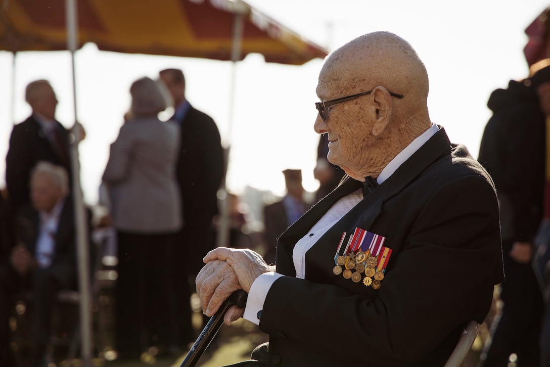 Retired Master Gunnery Sgt. Len Maffioli, an Iwo Jima veteran and master of ceremonies, waits for the start of the 75th Commemoration of the Battle of Iwo Jima sunset ceremony at Marine Corps Base Camp Pendleton, California, Feb. 15.