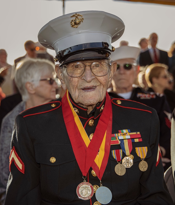 Marine Iwo Jima veteran Pfc. Dell Littrell poses for a photo before the start of the 75th Commemoration of the Battle of Iwo Jima sunset ceremony at Marine Corps Base Camp Pendleton, California, Feb. 15.