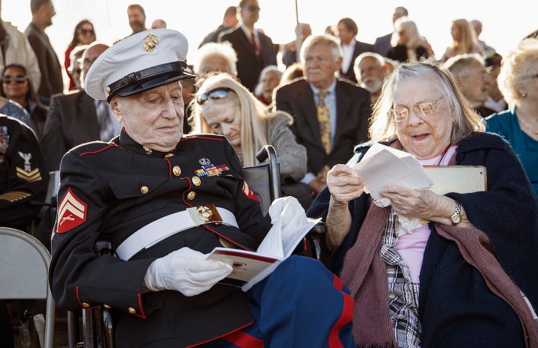 Iwo Jima veteran Marine Cpl. Samuel Prestigiacomo attends the 75th Commemoration of the Battle of Iwo Jima sunset ceremony at Marine Corps Base Camp Pendleton, California, Feb. 15.